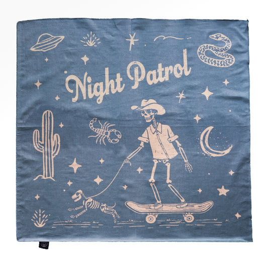 Night Patrol dog bandana with dark-toned abstract pattern inspired by nighttime exploration.