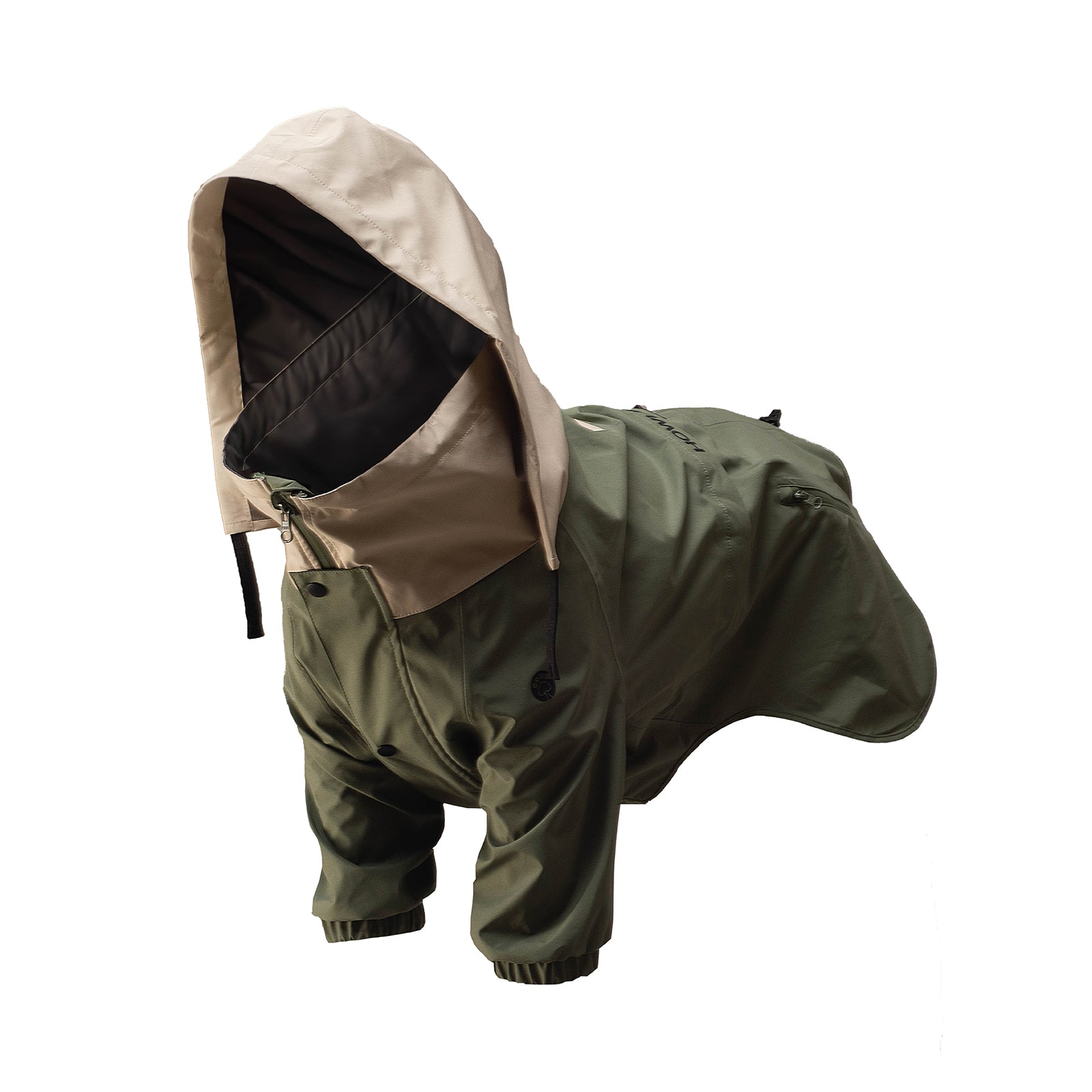 Dog wearing full-body rain gear with hood, shown at an angled view, highlighting waterproof and protective outdoor apparel.