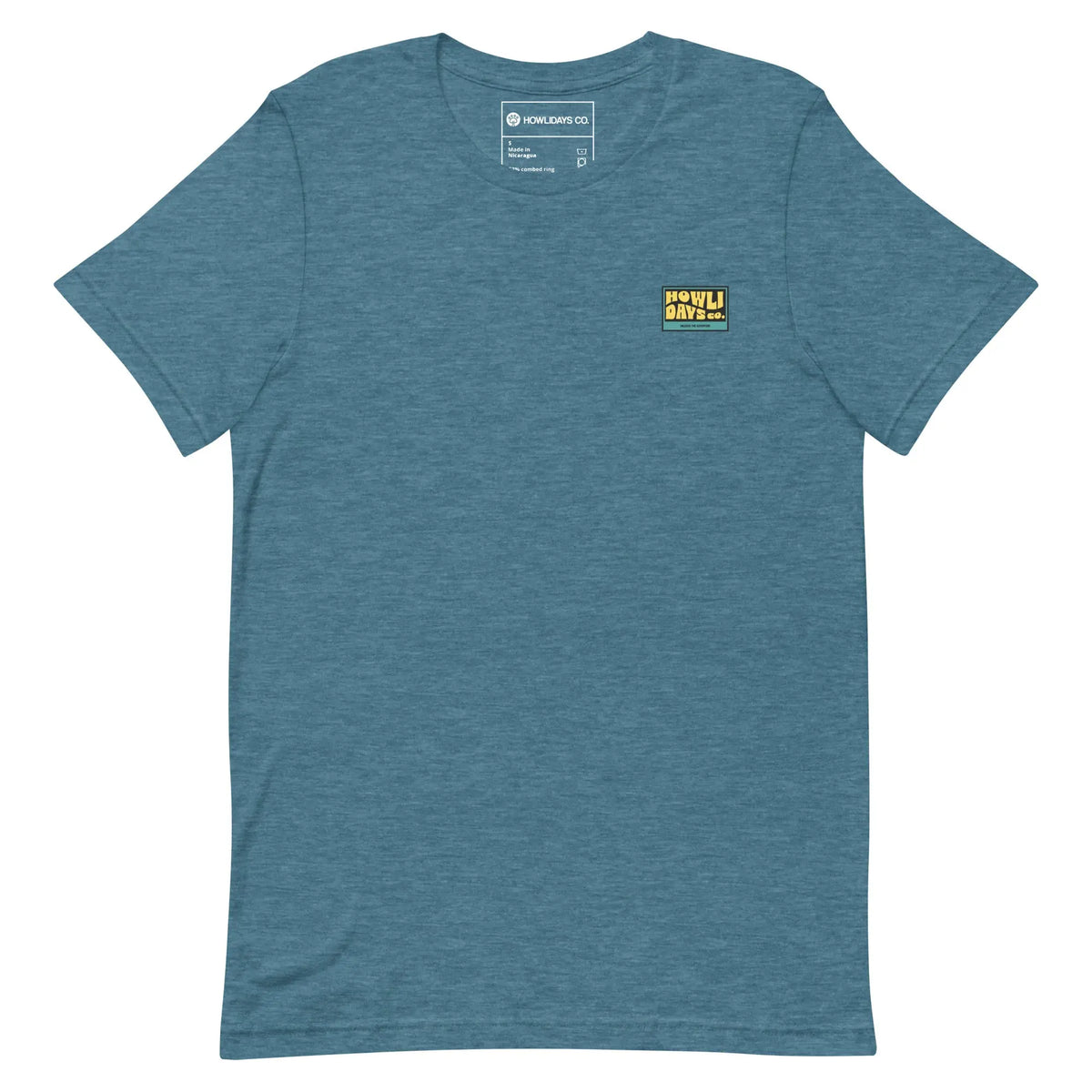 Front view of the teal Better Off Surfing Tee with a small yellow chest graphic.